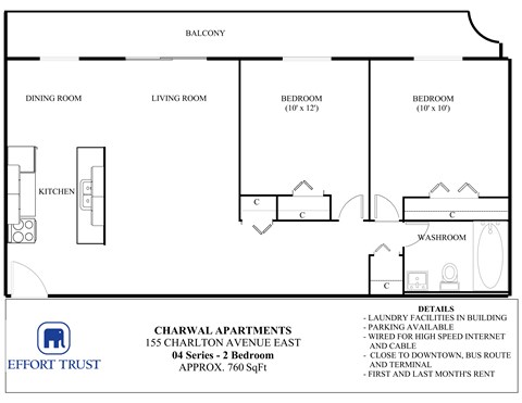 Floor plan for 2 beds, 1 bath, 760 sqft